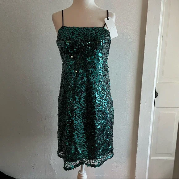 leith mini dresses Leith Dresses | Leith Sequin Mini Dress Teal Blue/Green Over Black Size Xs | Color: Blue/Green | Size: Xs